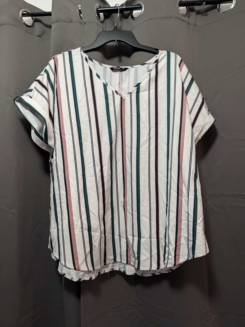 SHEIN White V-Neck Short Sleeve Striped Blouse with Pink & Green